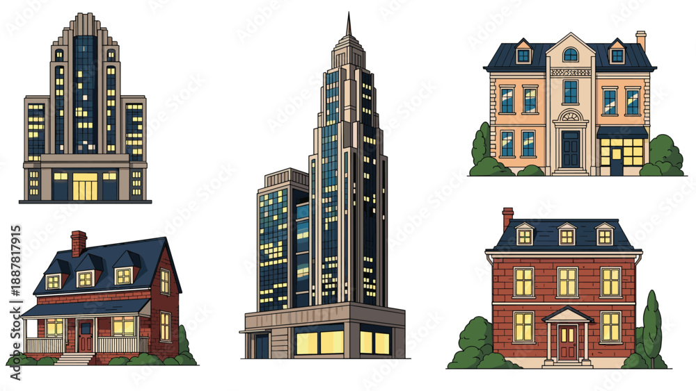 Obraz premium Collection of diverse building types including modern glass skyscrapers, classic townhouses, and suburban residential home designs.