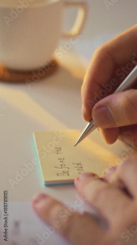 Person sits at well-lit table, jotting down reminder sticky note amidst cozy workspace with coffee, pastries, office supplies, enjoying relaxed atmosphere while seated comfortable chair at their desk