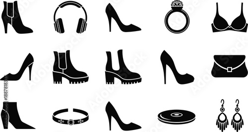 Fashion accessories silhouettes set, women shoes jewelry headphones bra bag, modern style items, black isolated vector collection