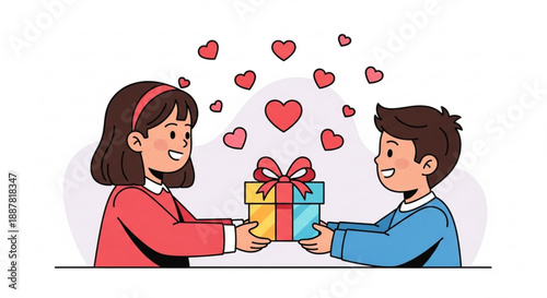 Children exchanging gifts with hearts symbolizing love and friendship on a special occasion