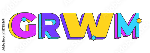 GRWM playful 3D text design. Get ready with me. Fashion content creator. Beauty routine. Daily glam. Multicolor block letters. Retro funky style with stars. Pop culture. Montserrat font used