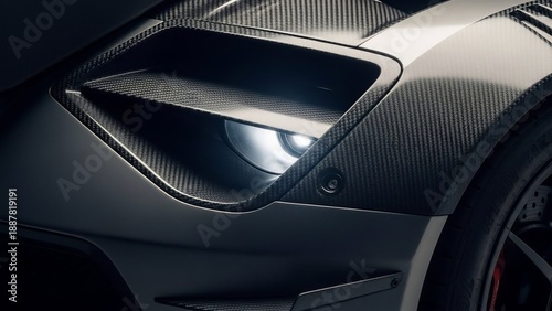 Luxury sports car carbon fiber exterior close-up.