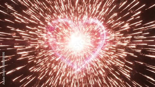 Abstract heart shape formed by colorful light trails against a dark background.