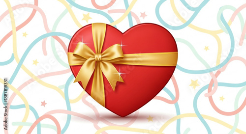 Red heart shaped gift box with gold ribbon on colorful background