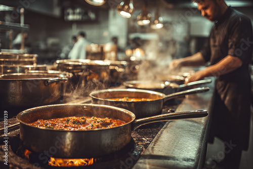 Busy restaurant kitchen with simmering pans and steaming tomato sauces on the stove, chef preparing dishes in a professional culinary environment