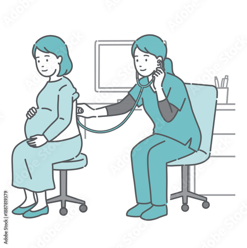 スクラブを着用した女性医療従事者（医師・助産師）による妊婦の背中の聴診イラスト