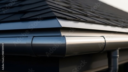 Close-up of a modern house roof with sleek gutter system and dark grey shingles.