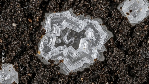 Intricate Ice Crystal Formation on Dark Soil.
