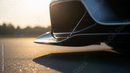 Close-up of a car spoiler on a road at sunset.