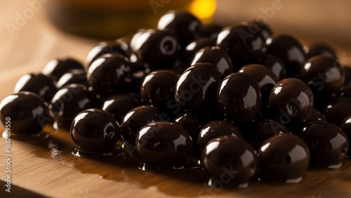 Freshly harvested black olives on a wooden surface.