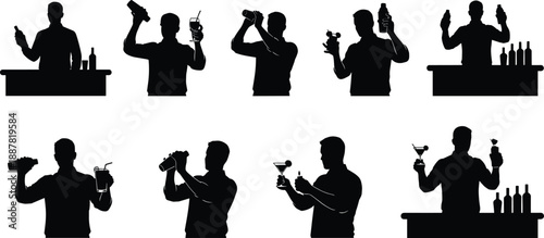bartender, silhouette, cocktail, drink, preparation, gesture, posture, black, white, icon, illustration, vector, design, symbol, mixology, bar, shaker, glass, garnish, service