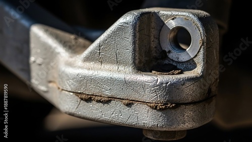 Close-up of a worn metal bracket with rust and corrosion.