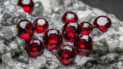 Red gemstones scattered on a bed of rough white crystals.