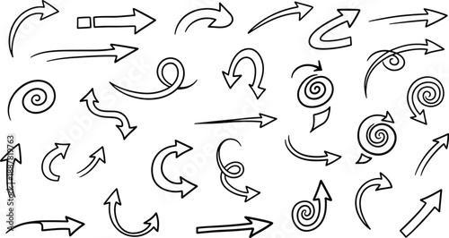 Hand drawn doodle arrows set featuring curved sketch lines spiral swirls direction symbols playful vector elements for creative illustration and design projects