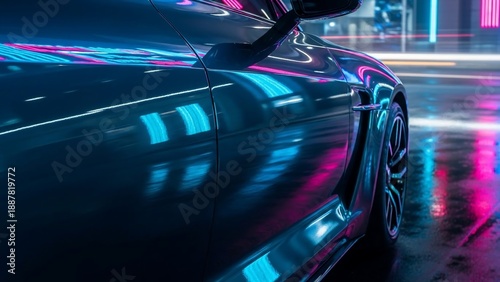 Futuristic sports car with neon lights reflection on its body.