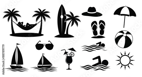 Collection of black silhouette beach icons on white background