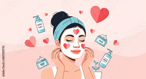 Woman with face mask and skincare products surrounded by hearts