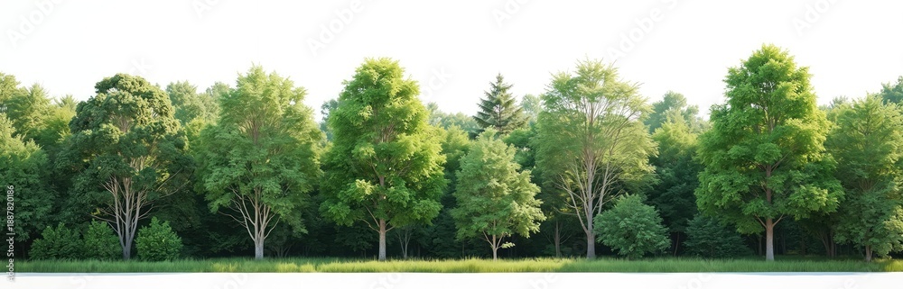 Naklejka premium Diverse green trees create a dense forest line against a bright white sky. Lush foliage, varied shapes, and sizes fill the landscape, suggesting summer growth and nature.