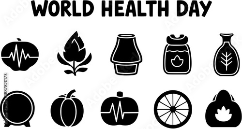 World Health Day Health and Wellness Glyph Icons Vector. Black and White collection featuring organic food, medical heartbeat symbols, and nature elements for healthy lifestyle.