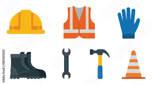 Construction tools and safety gear illustration, essential icons for builders and engineers, including hand tools. vector