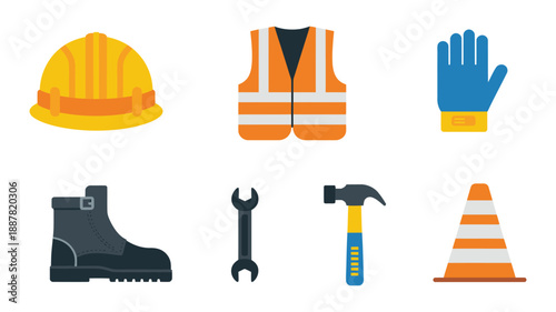 Construction tools and safety gear illustration, essential icons for builders and engineers, including hand tools. vector