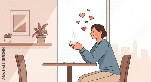 Woman sips coffee with hearts floating above in cozy cafe setting