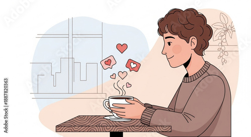 Man sitting with coffee cup and heart symbols around him in cafe