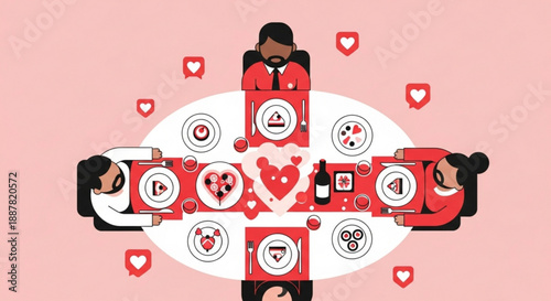 Diverse people sharing social media content with hearts and likes on pink background