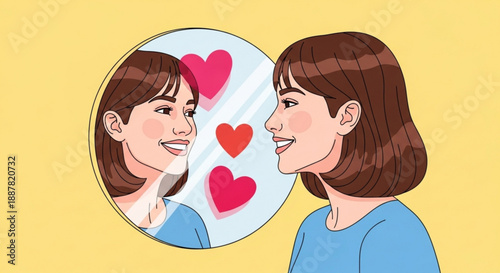 Woman sees hearts in mirror smiling at reflection with love