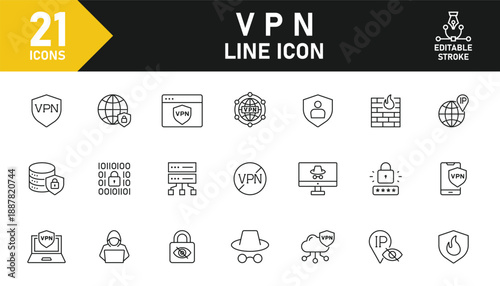 VPN line icon set. Set of 21 outline icons related to virtual private network, security shield and others. Editable stroke. Vector illustration.