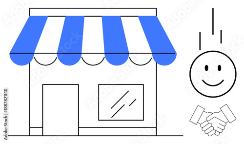 Business partnership. A store with striped awning and a handshake icon, collaboration in small businesses. Business partnership enhances cooperation. For entrepreneurship, startups, teamwork, retail