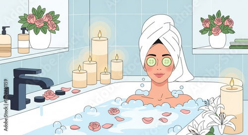Woman relaxing in a bubble bath with candles and flowers