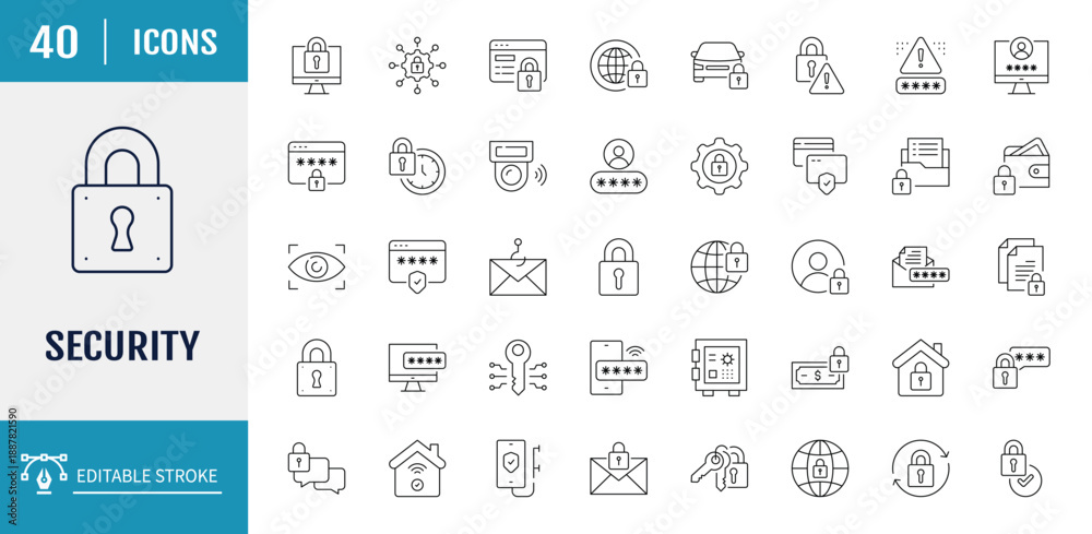 custom made wallpaper toronto digitalSecurity line icon set. Includes cybersecurity, passwords, warnings, personal data protection, and more. Vector Illustration with editable strokes