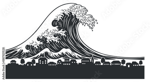 A stylized wave crashing over a city skyline in black and white vector style, ideal for environmental and disaster awareness themes