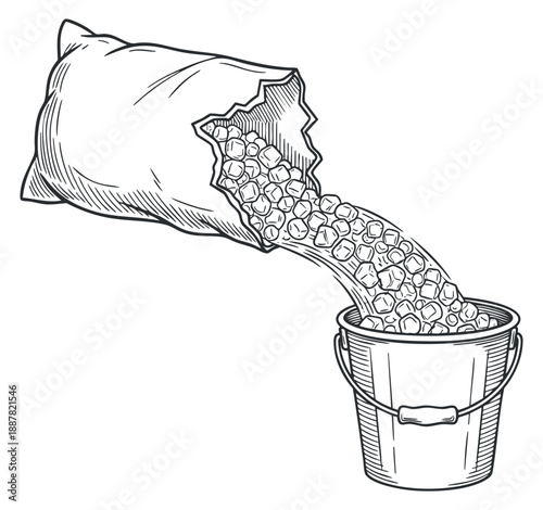 A bag spilling grains into a bucket in outline sketch vector style, suitable for agriculture or food-related designs