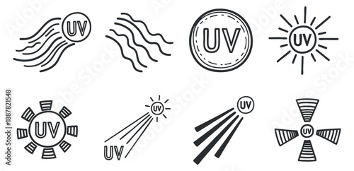 A collection of UV symbols and icons in black and white outline vector style, suitable for health and safety awareness graphics