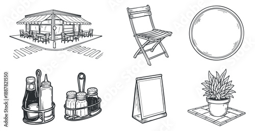 A set of outdoor café elements including a restaurant, a folding chair, condiment bottles, a menu board, and a potted plant in sketch outline style, suitable for food-related design projects