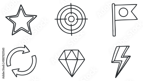 A collection of six outline icons including a star, target, flag, reload symbol, diamond, and lightning bolt in minimalist vector style, ideal for web design and branding
