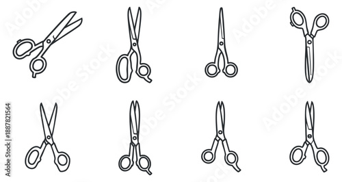 A collection of various scissors illustrated in black and white outline vector style, ideal for crafting and design projects