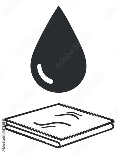 A water drop falling onto a cloth towel in clean black outline vector style, perfect for cleaning and hygiene illustrations