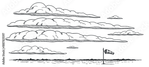 A hand-drawn illustration of fluffy clouds and a wind sock in outline vector style, suitable for weather and nature themes