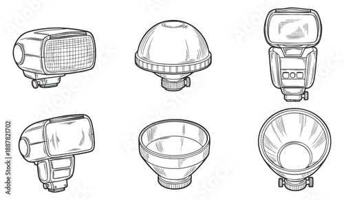 A set of photography flash accessories including various types of light modifiers in detailed outline vector style, suitable for photography-related projects