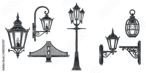 A collection of vintage street lamps and lanterns in black and white vector style, ideal for architectural design and urban projects