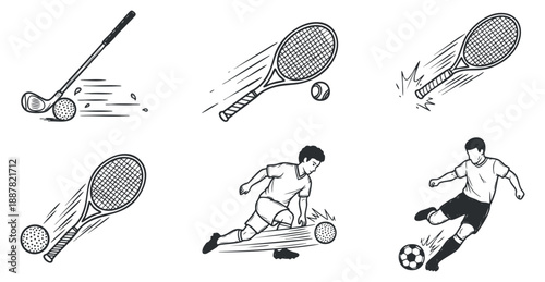 A collection of dynamic sports illustrations featuring tennis and soccer players in black and white vector style, ideal for sports-related designs