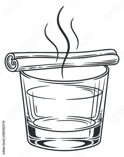 A glass with a cinnamon stick and steam in black and white outline vector style, ideal for cocktail menus and bar branding