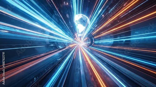 Abstract futuristic tunnel with glowing neon lines, symbolizing high-speed data transfer and connectivity.