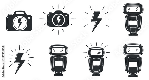 A collection of photography flash icons and lightning symbols in black and white outline vector style, ideal for photography and design projects