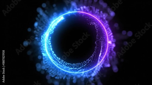 Abstract glowing circle with blue and purple neon light on black background.