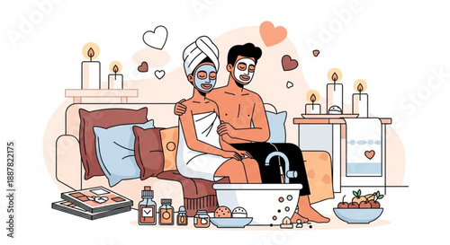 Couple relaxing together in a romantic spa setting at home with face
