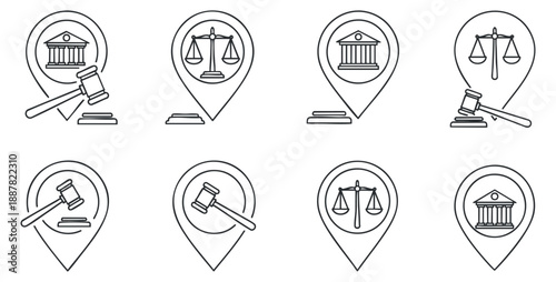 A collection of legal and justice icons featuring gavel, scales, and courthouse in minimalist black outline vector style, suitable for legal services branding